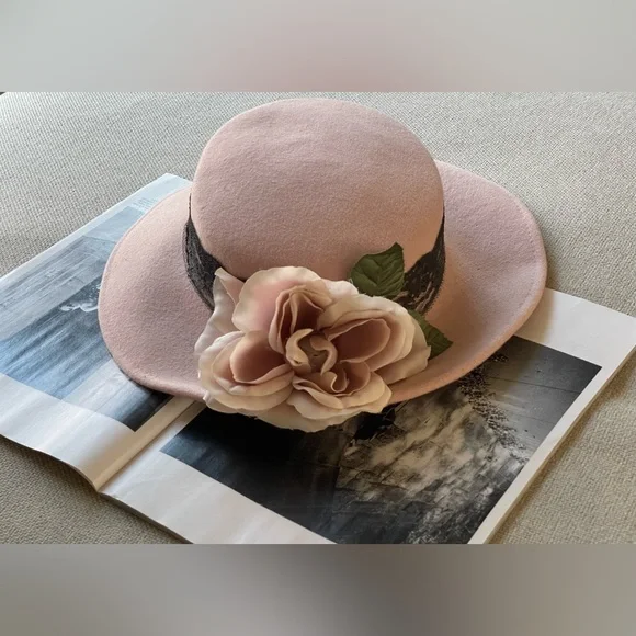 Elegant 100% Wool Wide Brim / Rose / Lace Hat In Dusty Rose-Royal/Derby/Church il_fullxfull.6840982966_1msm.jpg main image 2